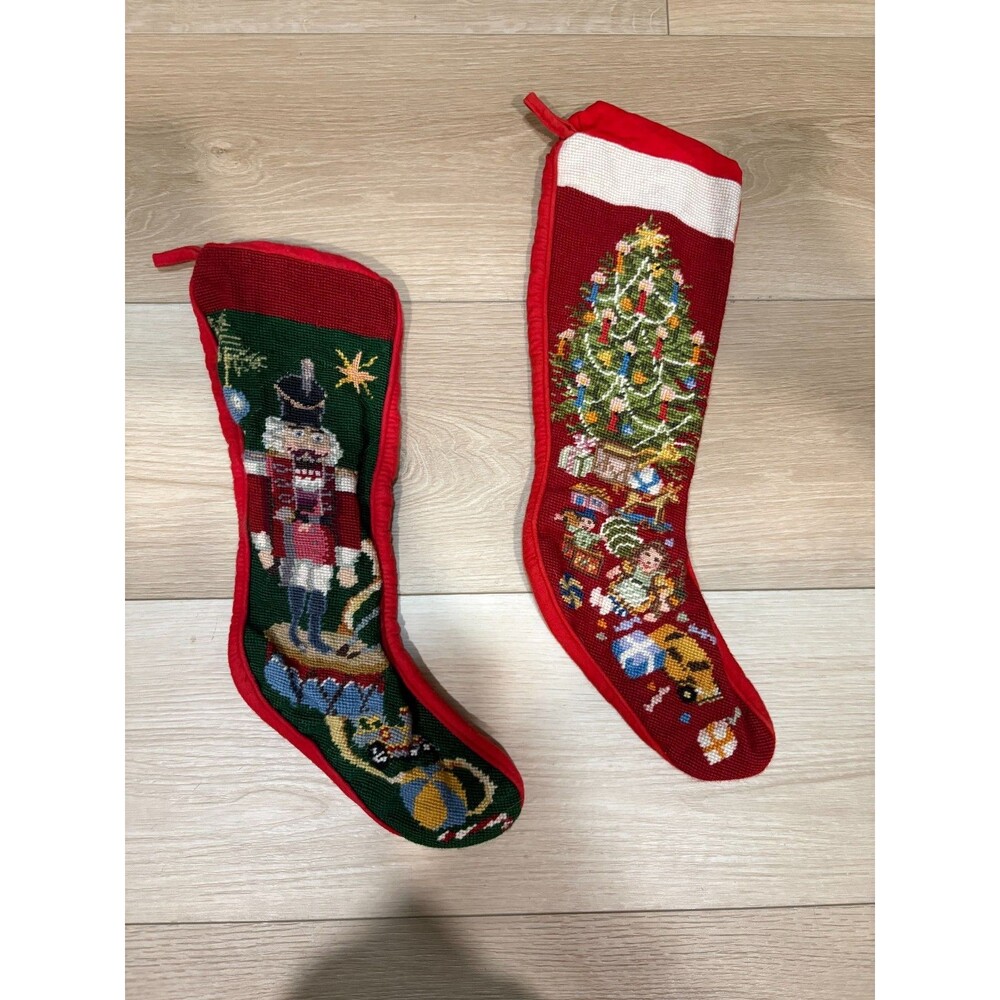 Lot 2 Christmas Needlepoint Stockings Nutcracker & Tree Wool Style Holiday 18"